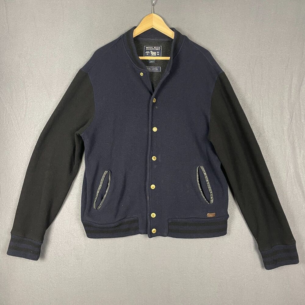 Woolrich Bomber Jacket Men L Navy Black Wool Blend Varsity John Rich & Bros